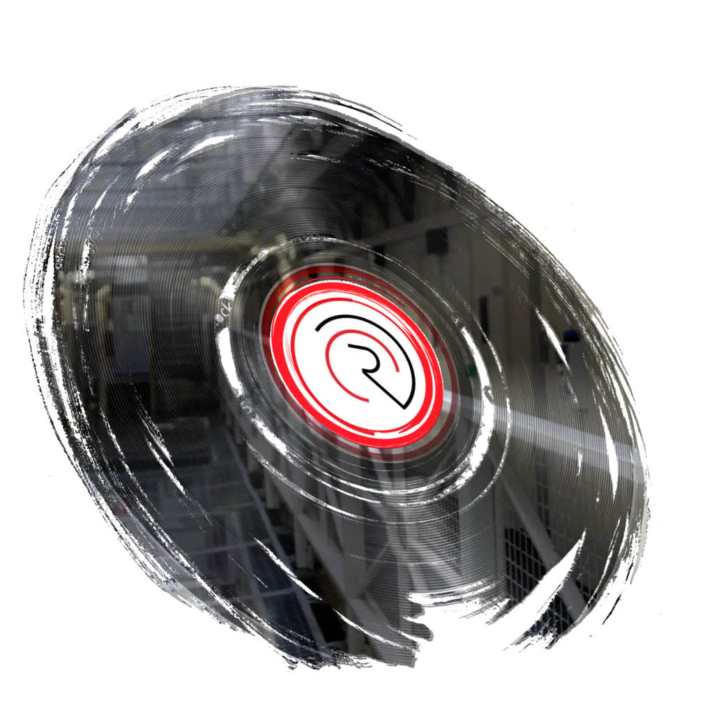 Abstract, painted record with the Red Tangent Records logo in the middle