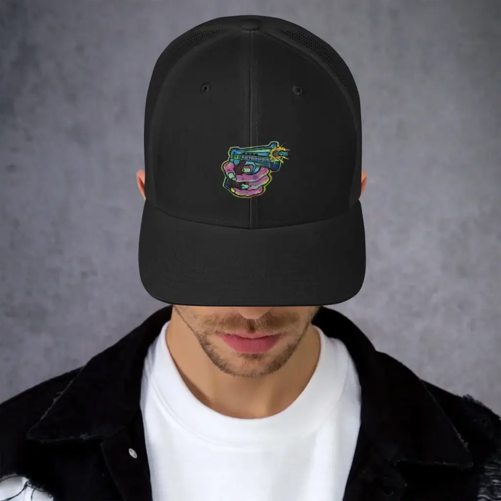 Someone wearing a cap with a retro design